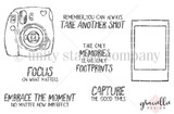 Red rubber stamp sheet with a vintage instant camera and a Polaroid photo frame, plus sentiments including 'Remember, you can always take another shot,' 'Focus on what matters,' 'Embrace the moment no matter how imperfect' and 'Capture the good times.'