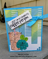 Cold brew cup with a teal hibiscus over blue and green stripes with a ribbon, stamped 'to my favorite coffee person'.