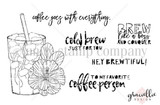 Brew Like a Boss red rubber stamp set: a cold brew coffee cup with a straw and a hibiscus bloom, plus sentiments 'coffee goes with everything', 'cold brew just for you', 'brew like a boss and conquer', 'hey brewtiful' and 'to my favorite coffee person'.