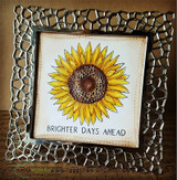 Kraft card with the sunflower colored golden inside a textured die-cut frame, 'BRIGHTER DAYS AHEAD' banner below.
