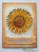 Kraft chicken-wire card with the golden sunflower and a 'shimmer & shine' banner.