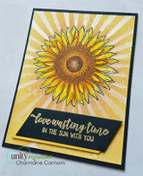 Black-matted card with a sunray-stamped background, golden sunflower and 'love wasting time in the sun with you'.