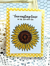 White doily-layered card with the sunflower and 'love wasting time in the sun with you' in a frame.