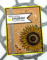 Yellow-bordered card with a black-outlined sunflower and 'there's always sunshine behind the clouds'.