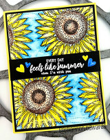 Bright teal and yellow card with two sunflowers and 'every day feels like summer when I'm with you'.