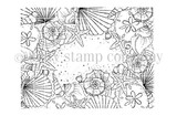 Uncolored red rubber seashell border background stamp of shells, starfish and flowers.