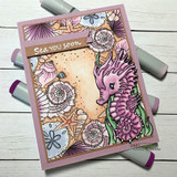 Shell border framing a pink seahorse with 'Sea you soon' on a mauve card.