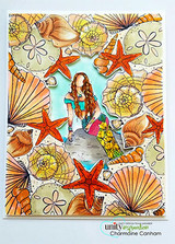 Shell border in warm oranges and reds around a mermaid figure with red starfish accents.
