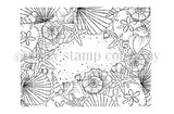 Uncolored red rubber seashell border background stamp of shells, starfish and flowers.