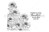 Line-art stamp sheet: corner dahlia floral cluster with 'always so very thankful for all that you do'.