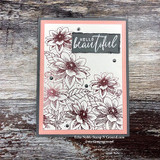 Corner dahlia spray in mauve and gold on a soft card with 'hello beautiful'.