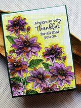 Purple and pink dahlia corner bouquet on a card, 'always so very thankful'.
