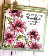 Pink dahlia corner spray on a green card with the 'thankful' sentiment.