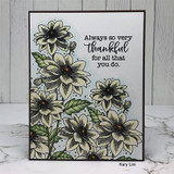 Black-and-white dahlia corner bouquet on a clean white card, thankful sentiment.