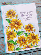 Golden-yellow dahlia corner spray on a soft card, 'always so very thankful'.