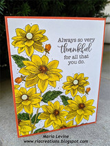 Bright yellow dahlias filling the card corner, 'always so very thankful for all that you do'.