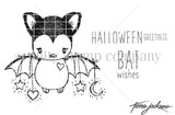 Line-art stamp sheet: cute bat with stars and moon and 'HALLOWEEN GREETINGS / BAT wishes'.