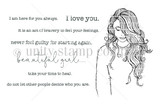 Red rubber stamp sheet: a long-haired girl portrait surrounded by eight script sentiments including 'take your time to heal' and 'it is an act of bravery to feel your feelings'.