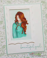 Soft green card with the girl colored in teal on a floral-embossed panel, 'beautiful girl' in script.