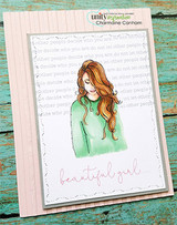Blush card with the girl colored in mint green on a script-stamped panel, 'beautiful girl' below.
