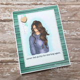 Teal striped card with the girl in a lavender sweater and 'never feel guilty for starting again' beneath.
