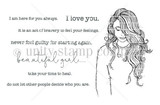 Red rubber stamp sheet: a long-haired girl portrait surrounded by eight script sentiments including 'take your time to heal' and 'it is an act of bravery to feel your feelings'.
