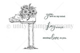 Stay in Touch red rubber stamp sheet by Angie Blom: a floral mailbox stuffed with letters plus 'you are on my mind,' 'sending love to you' and 'stay in touch.'