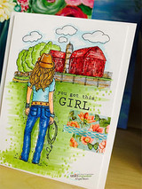 Card of the cowgirl with lasso before a red barn scene with 'you got this GIRL'