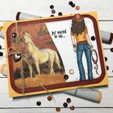Western card pairing a white horse photo with the cowgirl and 'just wanted to say...'