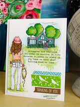 Card of the cowgirl before a sketched house with the struggles-are-required sentiment and 'THINKING OF YOU'