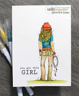 Clean white card of the cowgirl in a red hat and teal tee with 'you got this GIRL'