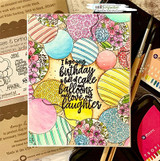 Card with the pastel balloon border background around 'I hope your birthday is full of cake and balloons and love and laughter'.