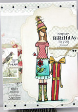 Sample card: Maggie in a pink top with a red gift on a light panel with twine, beside a bird collage