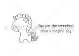 Red rubber stamp line art of a tiny unicorn with 'You are the sweetest' and 'Have a magical day.'