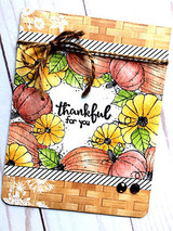 Pumpkin-patch border framing a card, 'thankful for you'.