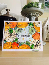 Colored pumpkin-patch background on a white card, 'HEY SWEET PUMPKIN'.