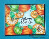 Vivid pumpkin border on a teal embossed card, 'AUTUMN blessings'.