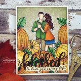 Pumpkin-patch border framing a couple, 'blessed - to love you is my life'.