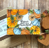 Pumpkin-patch border on a card, 'rejoice & be thankful'.