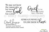 Brody's Love sympathy stamp set with four grief sentiments including 'We may not know the reason why but know God always has a plan.'