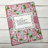 Rose-covered sympathy card with the 'Goodbyes are hard when the story is not finished' sentiment in a lace frame.
