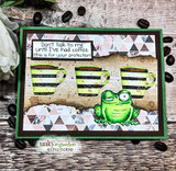 Coffee-themed card with the frog and a row of striped mugs, 'Don't talk to me until I've had coffee.'