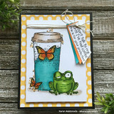 Yellow polka-dot card with the frog and a coffee travel cup with butterflies, 'Don't talk to me until I've had coffee.'