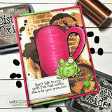 Distress-oxide card with a hot-pink mug and the frog, 'Don't talk to me until I've had coffee.'