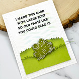 Card with the frog on green grass and a large-font sentiment, birthday humor.