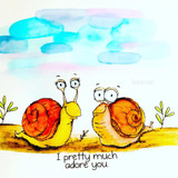 Card with two colorful snails in a sunny landscape and 'I pretty much adore you.'