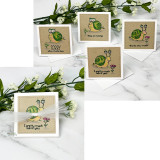 Cluster of little snail cards among white blossoms.