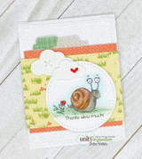 Soft card with a little colored snail in a circle over a pale patterned panel with a red heart, 'Thanks slow much.'