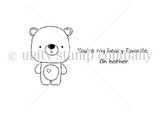 Tiny Bear stamp sheet: a small standing bear with round ears and a heart on its tummy, plus 'You're my beary favorite.' and 'Oh bother.'