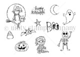 Uncolored red rubber Halloween characters — witch, ghost, mummy, skeleton, pumpkin — with 'happy Halloween.'